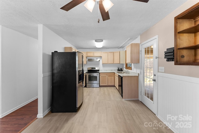 kitchen with sink, light hardwood / wood-style floors, light brown cabinetry, and stainless steel appliances