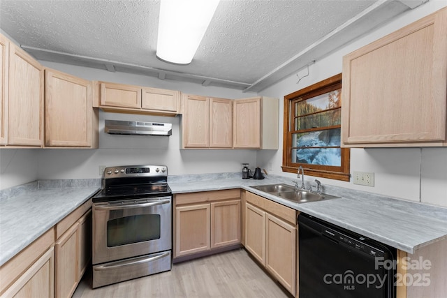 kitchen with sink, dishwasher, stainless steel electric range oven, and light brown cabinets