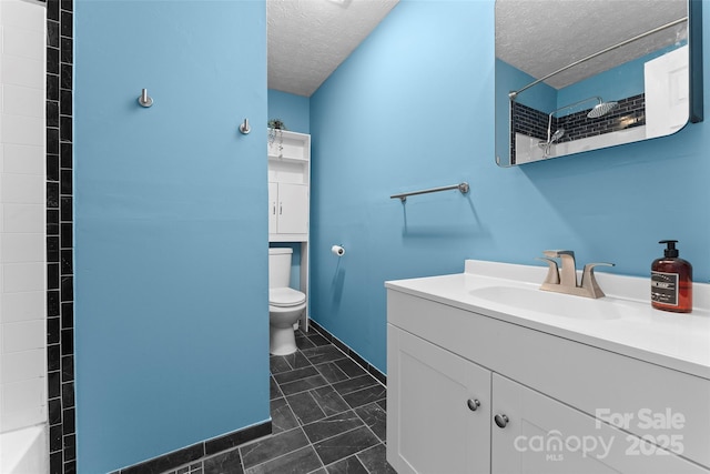 full bathroom featuring toilet, a textured ceiling, shower / bathing tub combination, and vanity