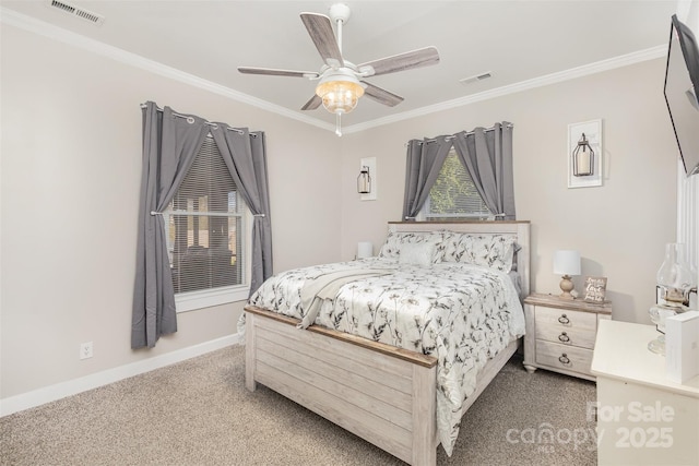 bedroom featuring ceiling fan, ornamental molding, and carpet flooring