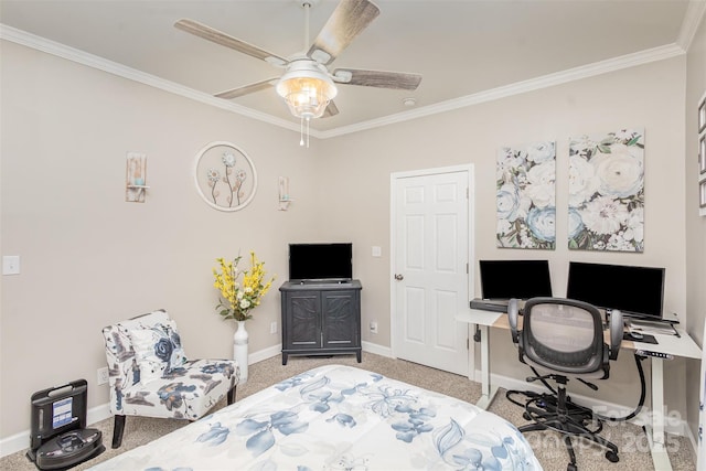 bedroom with ceiling fan, light carpet, and ornamental molding