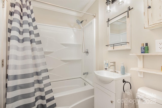 bathroom featuring crown molding, shower / bath combo, and vanity