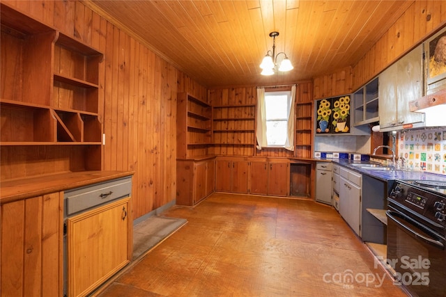 kitchen featuring wooden ceiling, hanging light fixtures, wooden walls, black / electric stove, and a notable chandelier