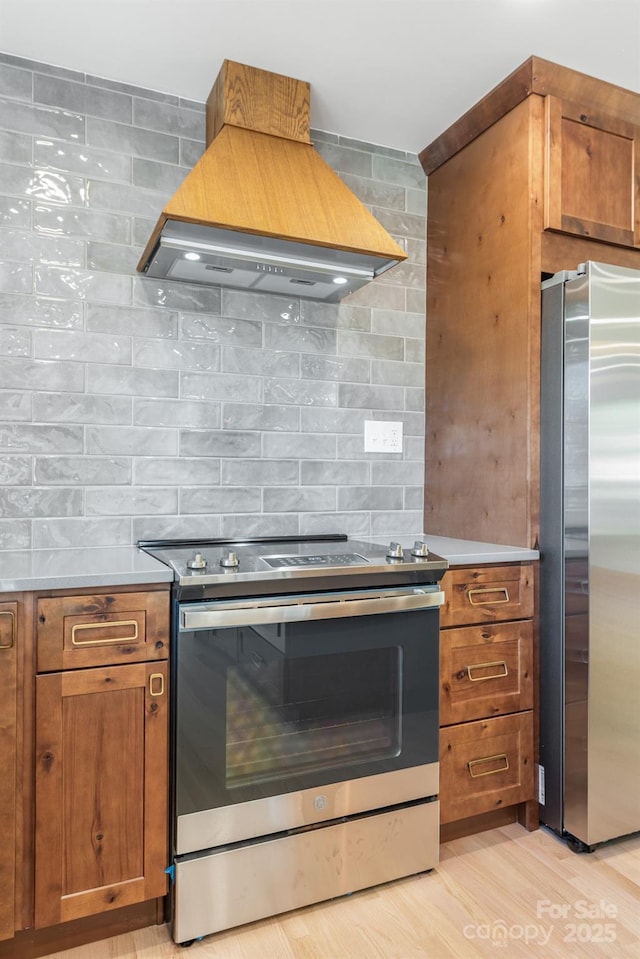 kitchen with backsplash, light wood-type flooring, premium range hood, and appliances with stainless steel finishes