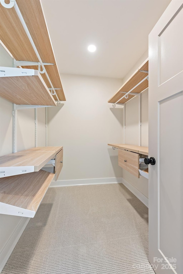 walk in closet featuring carpet flooring