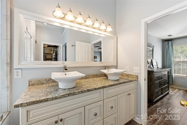 bathroom featuring hardwood / wood-style floors and vanity