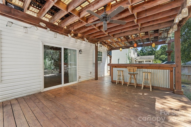 deck with ceiling fan and exterior bar