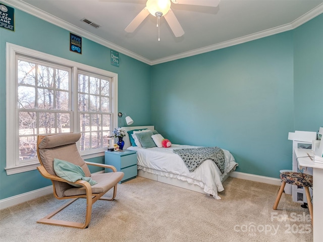 bedroom featuring multiple windows, ceiling fan, and light colored carpet