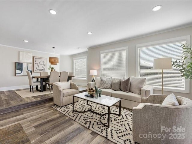 living room featuring crown molding and hardwood / wood-style floors