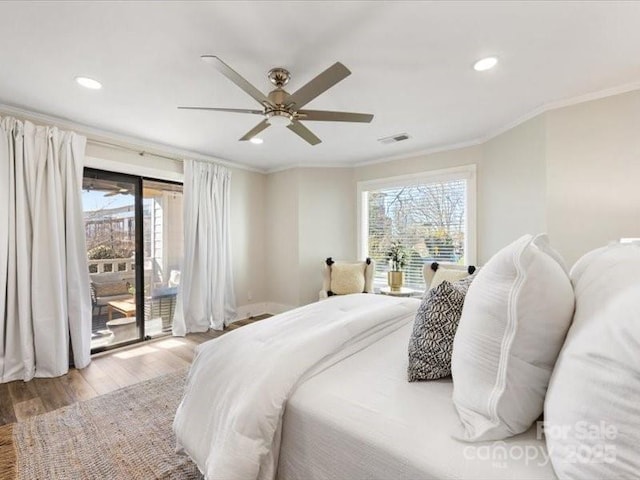 bedroom with crown molding, light wood-type flooring, access to outside, and ceiling fan