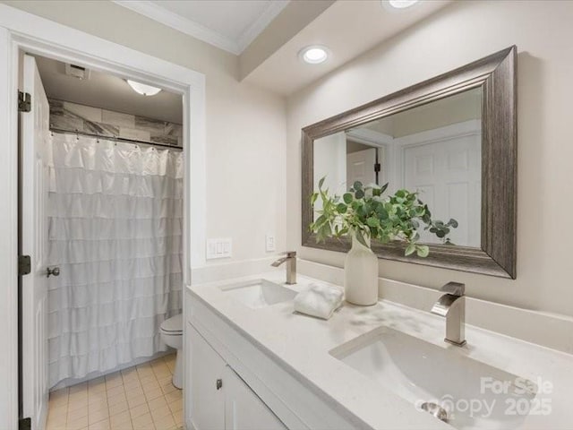 bathroom featuring crown molding, vanity, toilet, and walk in shower