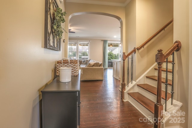 hallway featuring arched walkways, dark wood-style flooring, crown molding, and stairs