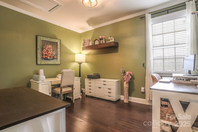 home office with ornamental molding, dark wood-type flooring, and baseboards