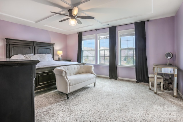 bedroom with a ceiling fan, light colored carpet, visible vents, and baseboards