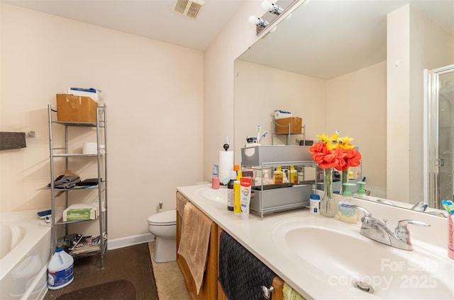 full bathroom with independent shower and bath, tile patterned floors, vanity, and toilet