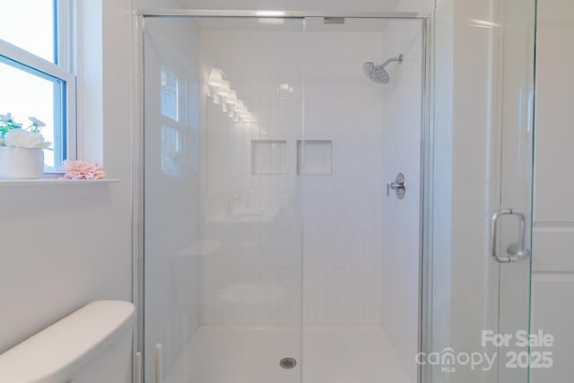 bathroom with toilet and a shower stall