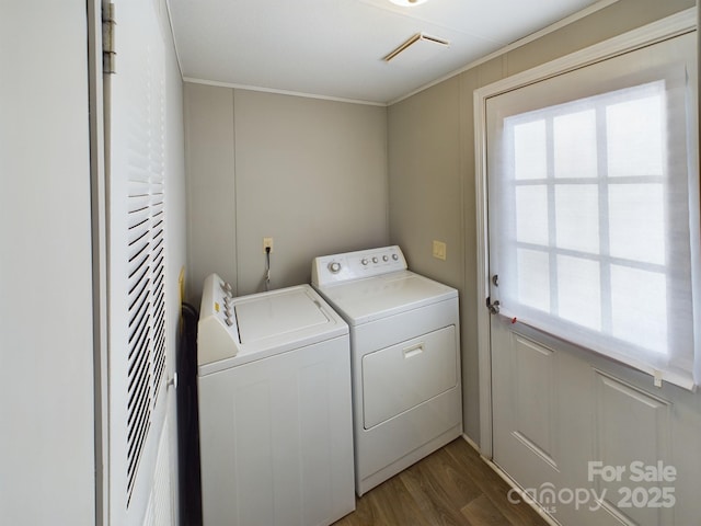 clothes washing area featuring crown molding, dark hardwood / wood-style floors, and independent washer and dryer