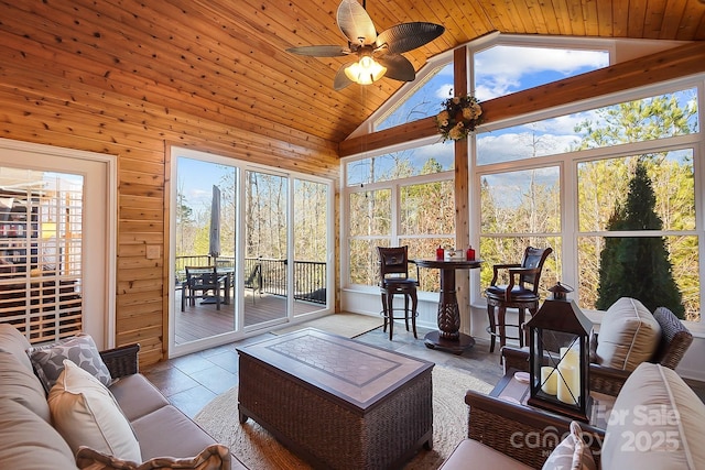 interior space with ceiling fan, wood ceiling, a wealth of natural light, and vaulted ceiling