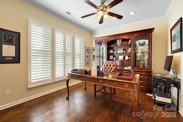 office area featuring ceiling fan, dark hardwood / wood-style flooring, and crown molding