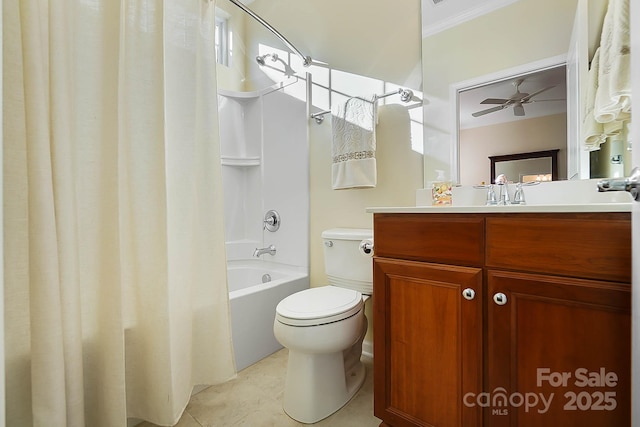 full bathroom featuring ceiling fan, tile patterned flooring, toilet, shower / tub combo with curtain, and vanity