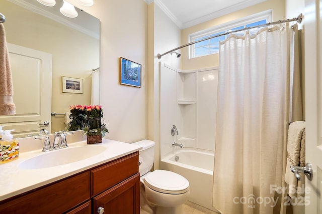 full bathroom featuring shower / tub combo, vanity, toilet, and crown molding