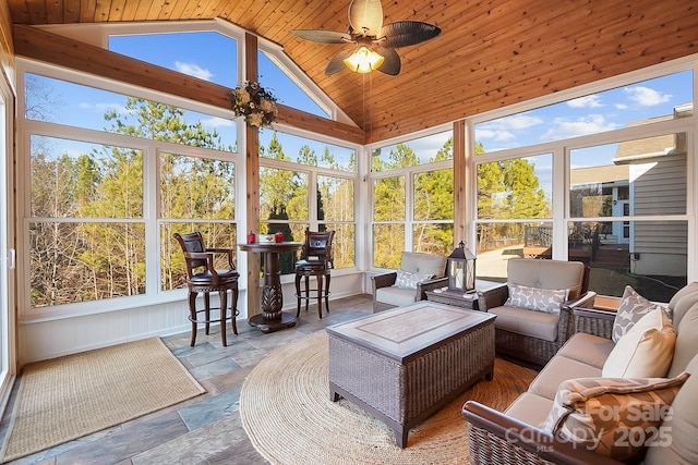 sunroom featuring lofted ceiling, ceiling fan, and wooden ceiling