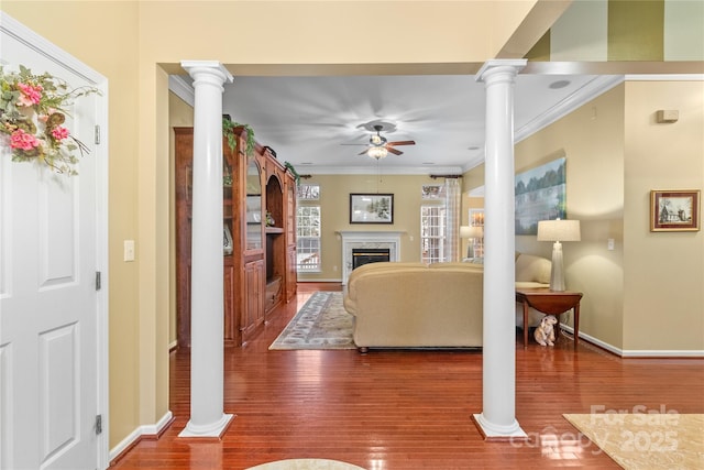 living room featuring a premium fireplace, ceiling fan, wood-type flooring, and ornamental molding