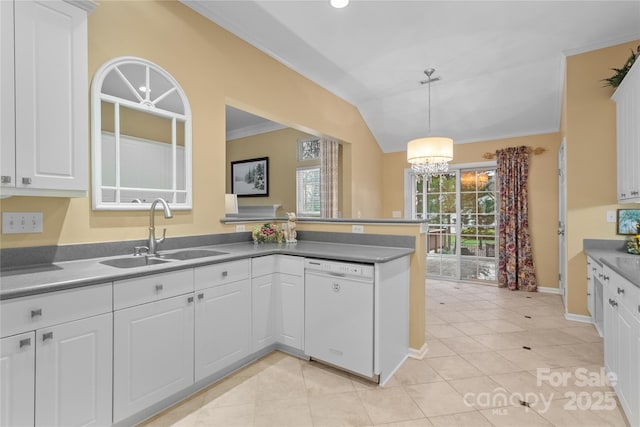 kitchen featuring white cabinets, sink, decorative light fixtures, a notable chandelier, and dishwasher