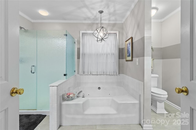 bathroom with crown molding, toilet, plus walk in shower, and a notable chandelier