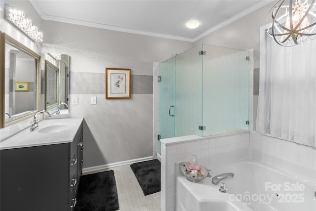 bathroom with plus walk in shower, crown molding, vanity, and a notable chandelier