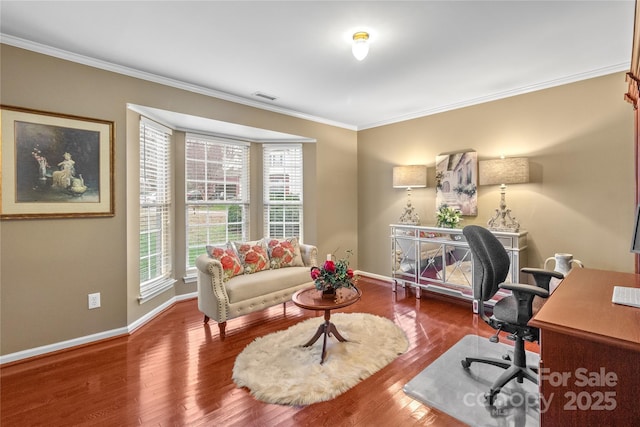 office space with hardwood / wood-style flooring, plenty of natural light, and crown molding