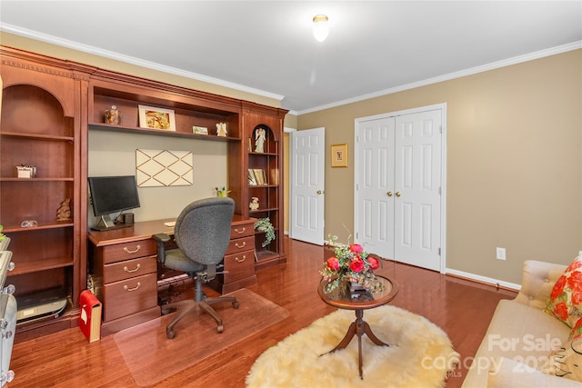 office space with wood-type flooring and crown molding