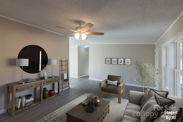 living room with ceiling fan, dark hardwood / wood-style flooring, crown molding, and a textured ceiling