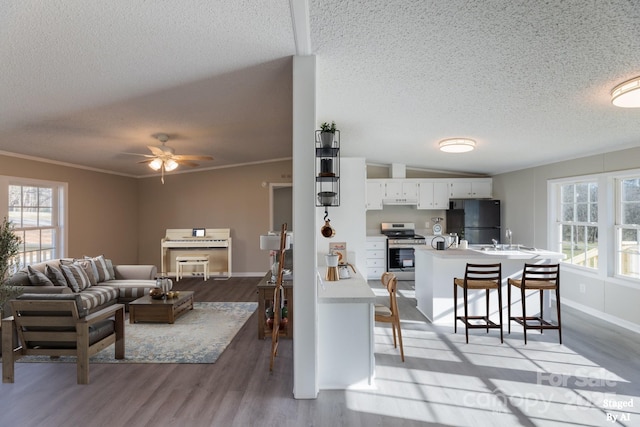 interior space featuring crown molding, vaulted ceiling, light hardwood / wood-style floors, a textured ceiling, and ceiling fan