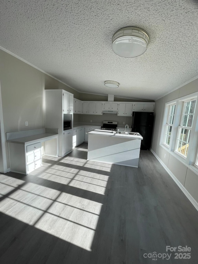 kitchen featuring black refrigerator, white cabinetry, sink, stainless steel stove, and a center island with sink