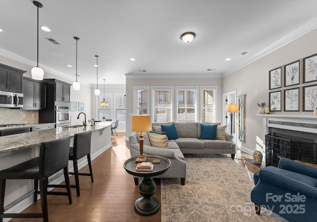 living room with dark wood-type flooring, crown molding, and sink