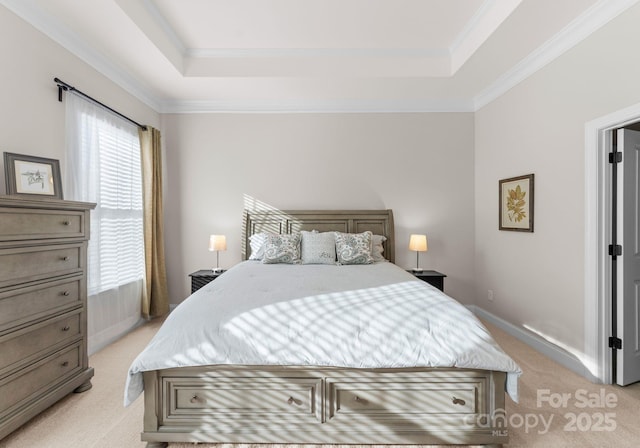 bedroom with a raised ceiling, light carpet, and crown molding