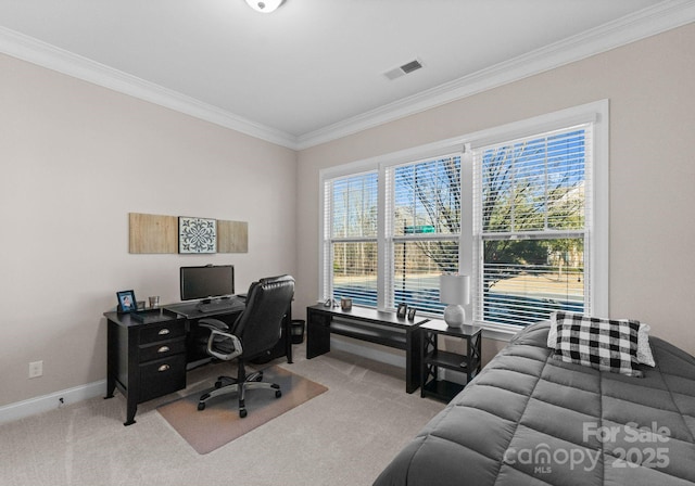 office space with carpet flooring and ornamental molding