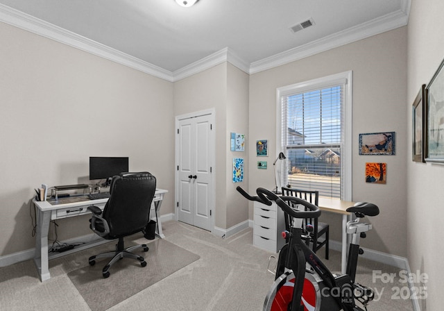 office space featuring light colored carpet and crown molding