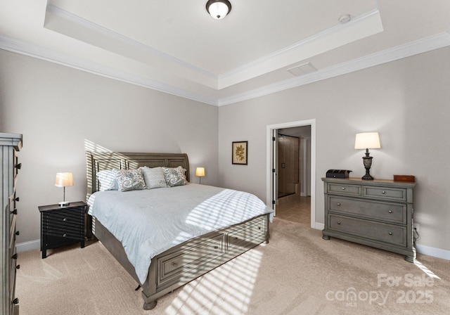 bedroom with a raised ceiling, light colored carpet, and ornamental molding