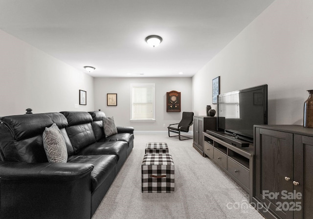 living room with light colored carpet