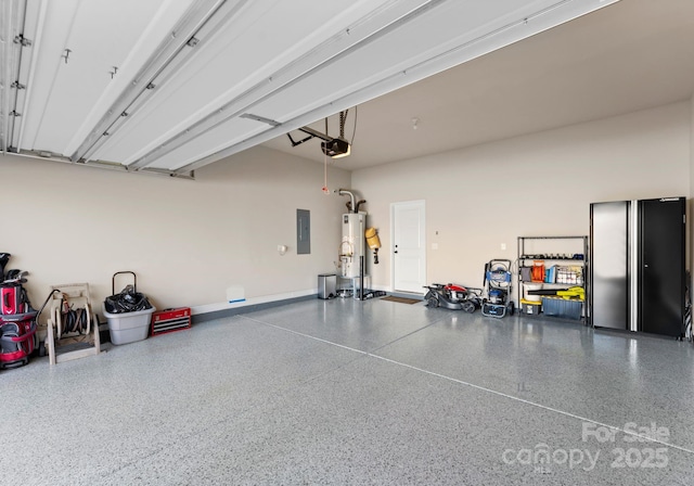 garage featuring electric panel, gas water heater, and a garage door opener