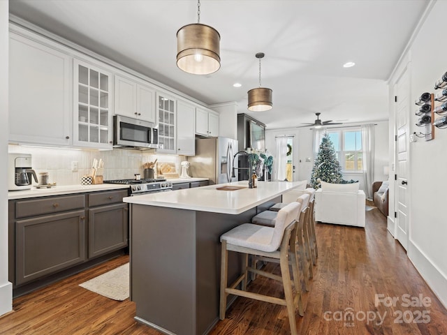 kitchen featuring appliances with stainless steel finishes, decorative light fixtures, ceiling fan, and dark hardwood / wood-style floors