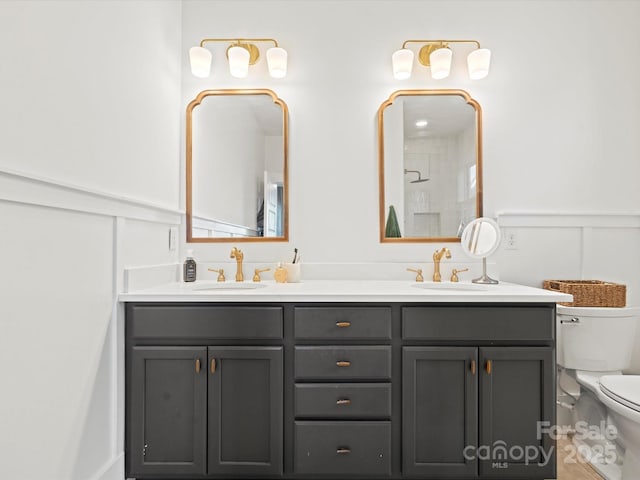 bathroom with vanity, toilet, and walk in shower