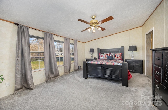 bedroom featuring ceiling fan, a textured ceiling, vaulted ceiling, and light carpet