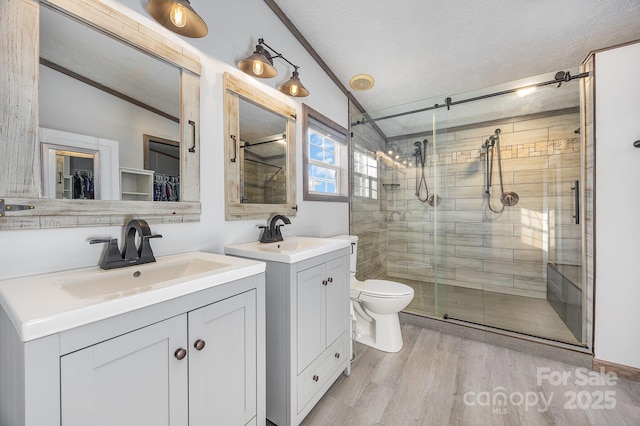 bathroom with wood-type flooring, a shower with door, a textured ceiling, vanity, and lofted ceiling