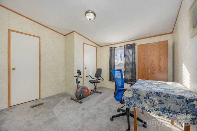 bedroom featuring a textured ceiling, carpet flooring, vaulted ceiling, and ornamental molding