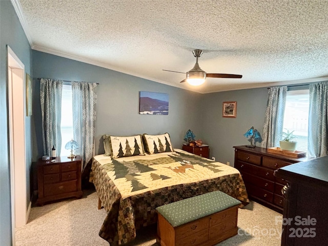 carpeted bedroom with ceiling fan, crown molding, and a textured ceiling