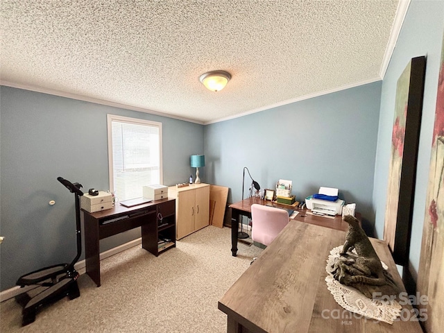 carpeted home office with a textured ceiling and crown molding