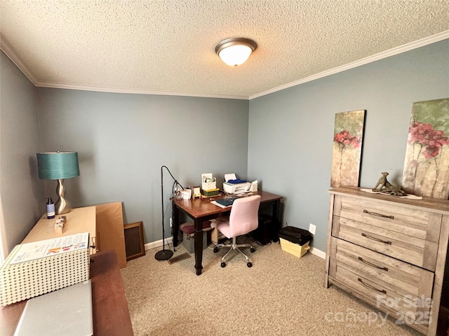 home office featuring carpet flooring, a textured ceiling, and crown molding